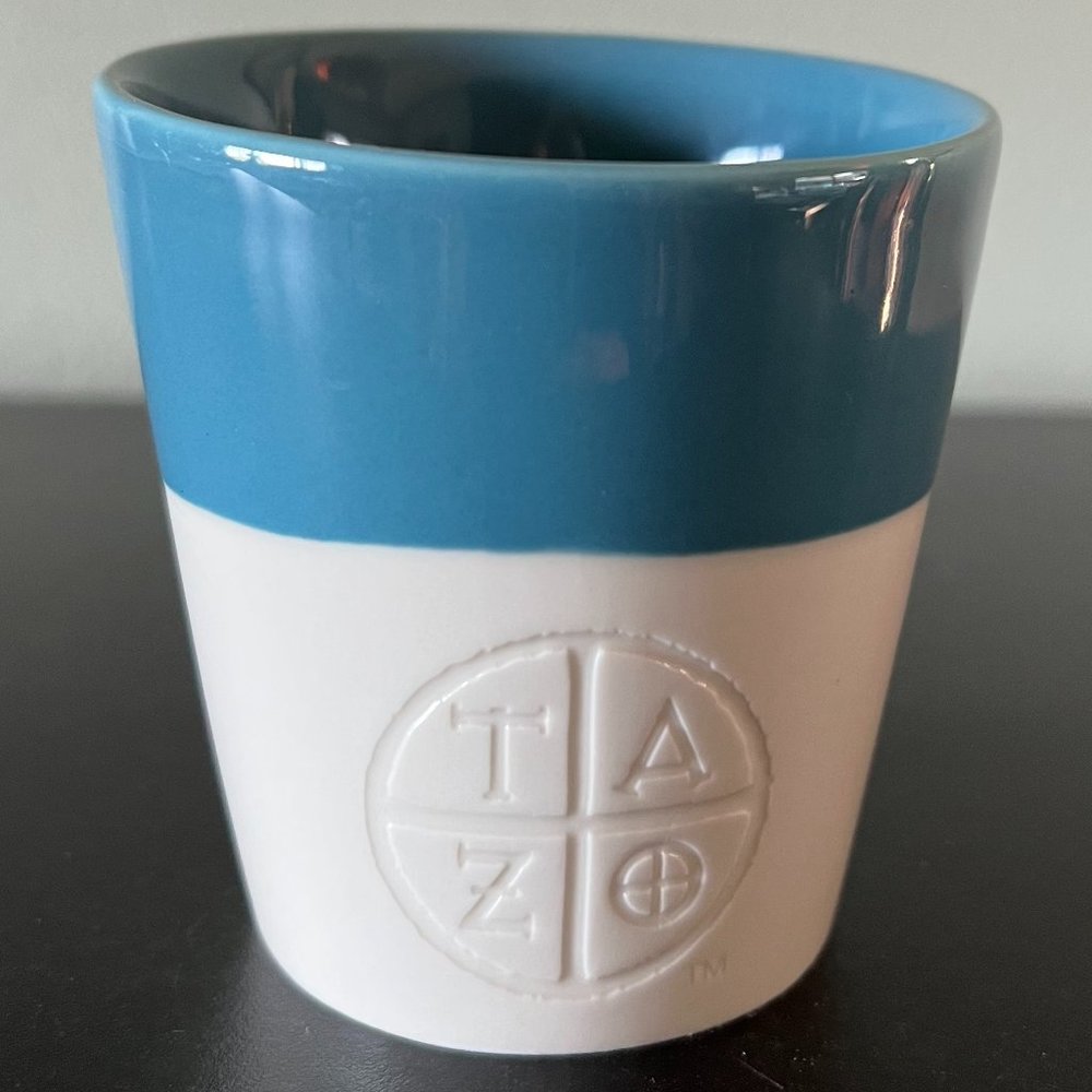 Starbucks TAZO Asymmetrical Blue White Bone China Handleless Tea Cup Mug 2011